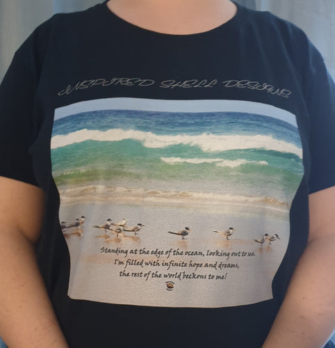 T-Shirt Ocean Birds Words Blue Green on Black