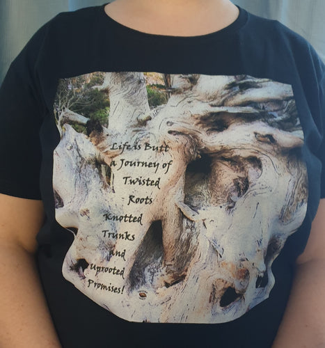 T-Shirt Tree Roots with Words White on Black